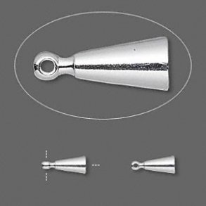 Cord ends with eye, cone, for gluing, silver-plated brass, 9.5x4mm. 6pcs.