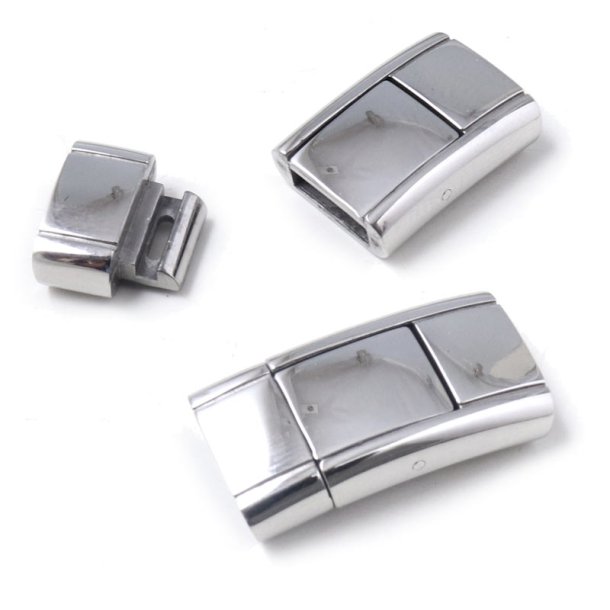 Click-clasp, shiny steel, wide, 24x12x5mm, hole size 11x3mm, 1pc