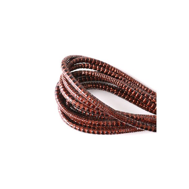 Stitched cord, round, imitation snake leather, dark cognac, 5mm, 1m