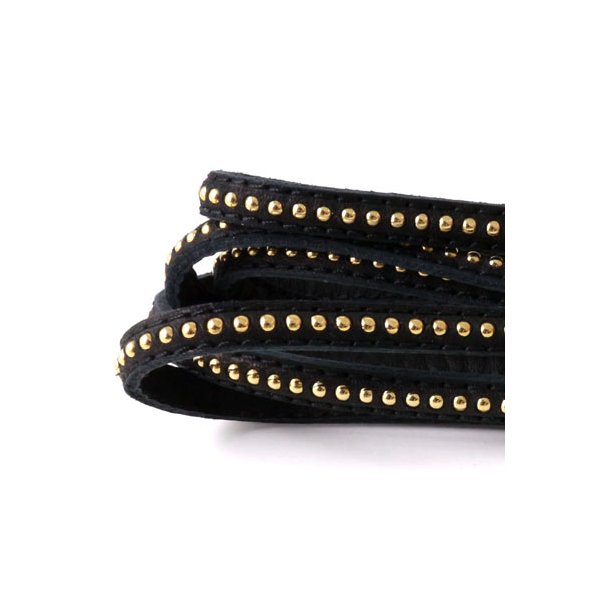Nappa cord, black with round gilded studs, 6mm, 20cm.