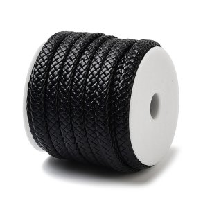 Geflochtene PU-Kunstlederkordel, Rolle, schwarz, flach, 9x4 mm, 10 m