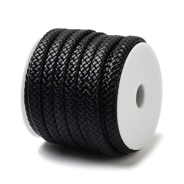 Geflochtene PU-Kunstlederkordel, Rolle, schwarz, flach, 9x4 mm, 10 m