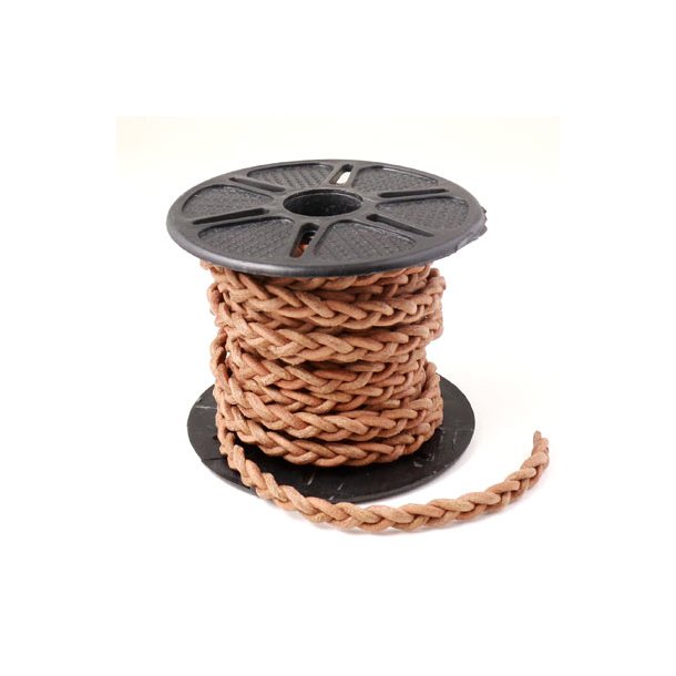 Braided Leather cord, full spool, rustic light brown, 6x3.5mm, 10m
