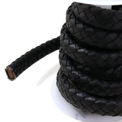 Leather cord, fine flat braided, black, wide model, 12x5mm, 25cm