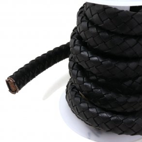 Lederband, ganze Spule, flach, geflochten, schwarz, 14x6 mm, 5 m