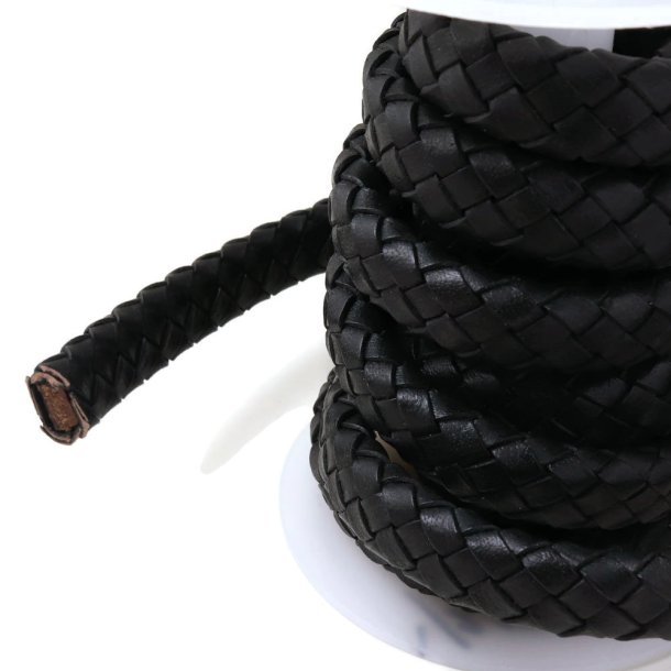 Lederband, ganze Spule, flach, geflochten, schwarz, 14x6 mm, 5 m