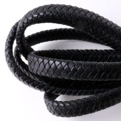 Leather cord, flat braided, fine braiding, black, soft quality, 9x5mm, 23cm