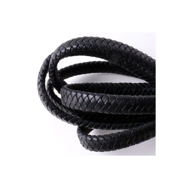 Leather cord, flat braided, fine braiding, black, soft quality, 9x5mm, 23cm