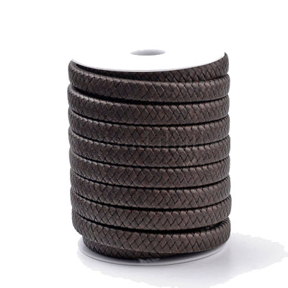 Lederband, ganze Rolle, flach, geflochten, Kaffee-braun, 12x6 mm, 10 Meter