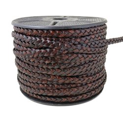 Lederband, geflochten, flach, Kalbsleder, antik dunkelbraun, ca. 8x2 mm, 50 cm