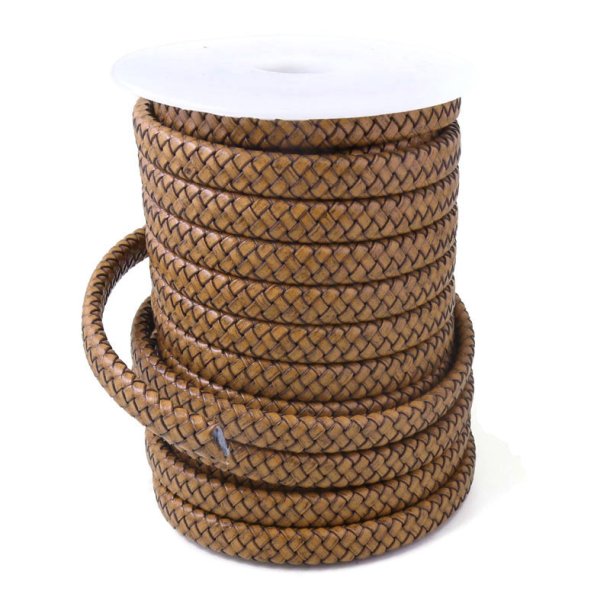 Lederband, ganze Spule, flach, geflochten, Sandfarben, 10x5 mm, 10 m