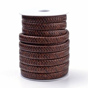 Leather cord, full spool, flat braided, reddish brown, high quality, 10x5 mm, 10m