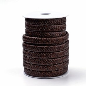 Leather cord, spool, flat braided, dark brown, high quality, 12x6 mm, 10 m