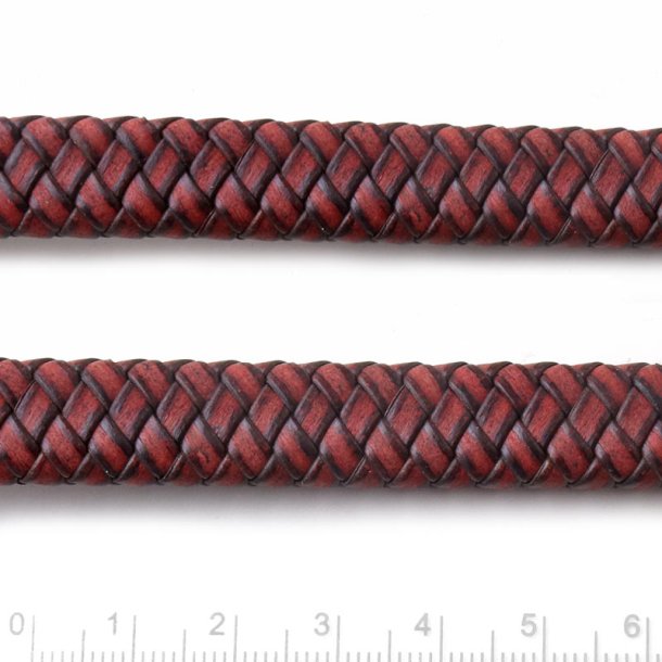 Leather cord, flat braided, maroon patterned, high quality, 12x6 mm, per 25 cm