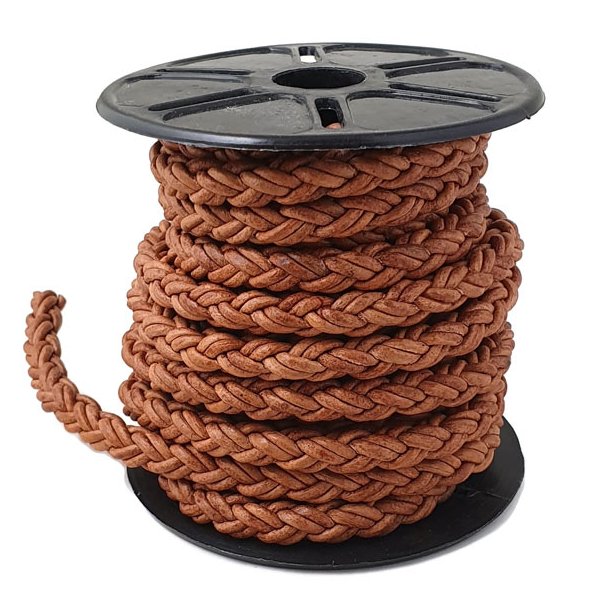Leather cord, double cords braided, frosted brown, soft quality, width 7.5 mm, 5m