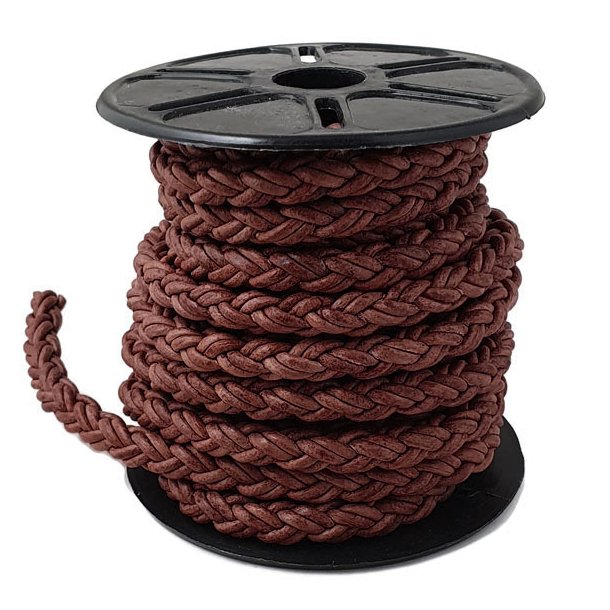 Leather cord, double braided, 8 cords, dark antique brown, 7.5 mm, 5 m