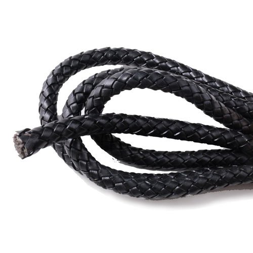 Leather cord, braided on cotton core, black, extra soft, 7mm, 20cm
