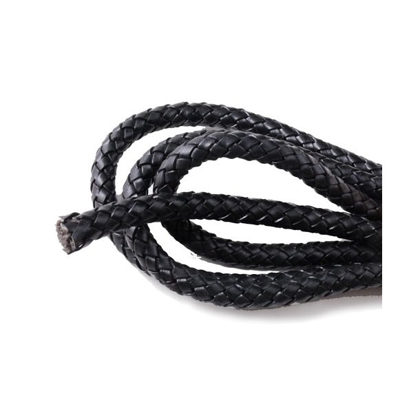 Leather cord, braided on cotton core, black, extra soft, 7mm, 20cm