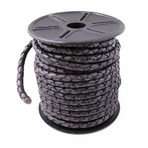 Leather cord, braided, antique greyish black, high quality, 3mm, 10m (complete reel)