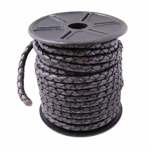 Leather cord, braided, antique greyish black, high quality, 8mm, 10m (complete reel)