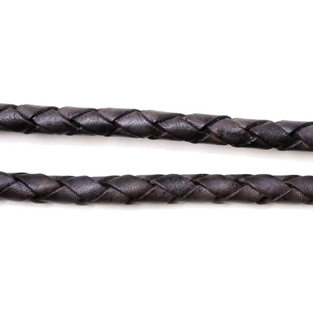 Leather cord, braided, antique greyish black, strong quality, 5mm, 50cm.
