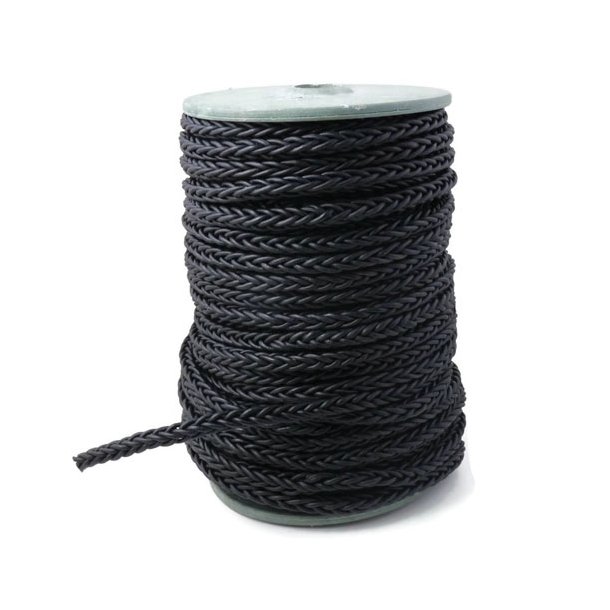 Leather cord, square braided, frosted black, soft quality, Width 5.5mm, 10m