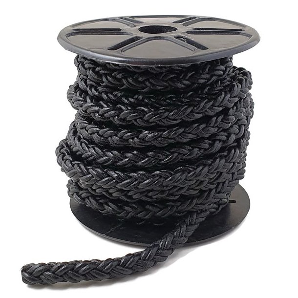 Leather cord, full spool double cords braided, round,  black, width 7.5 mm, 5 m