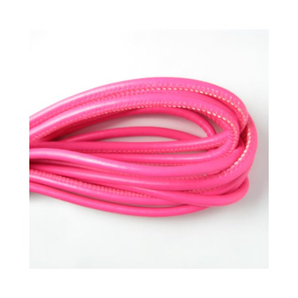 Stitched imitation leather, round, neon pink, 5mm, 1m. If you purchase more than one unit, cord will be delivered uncut.