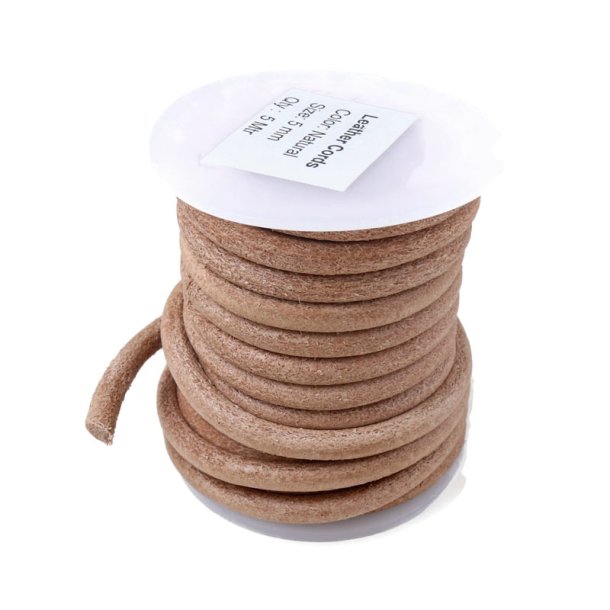 Leather cord, spool, natural (undyed), round, thickness 5mm, 5m