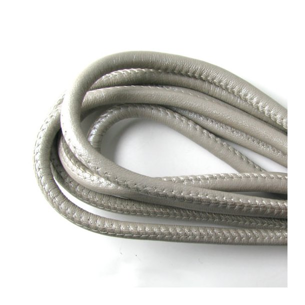 Stitched leather cord, round, silvery grey, 6mm, 20cm