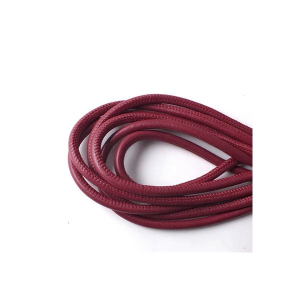Stitched leather cord, round, burgundy / dark red, 5mm, 20cm. If you purchase more than one unit, cord will be delivered uncut.