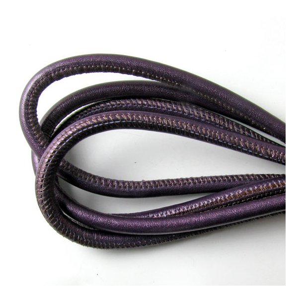 Stitched leather cord, round, metallic dark purple, 5mm, 20cm