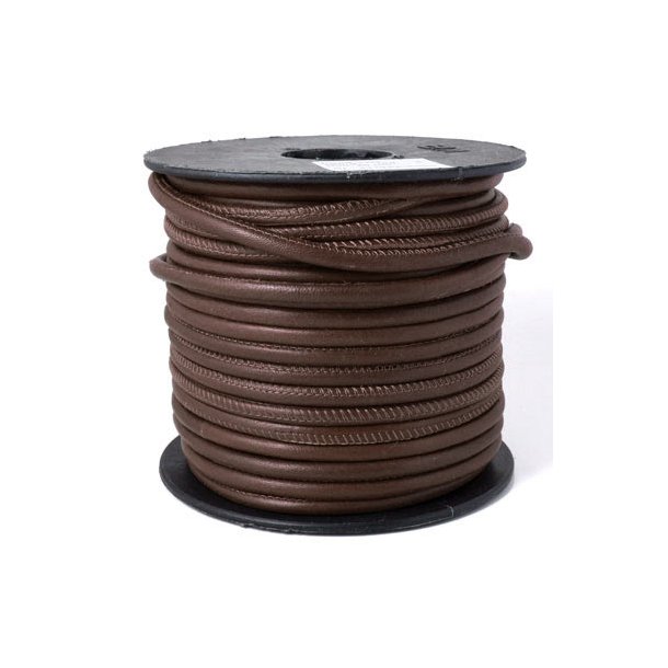 Stitched leather cord, bulk purchase, round, dark brown, 4mm, 25m
