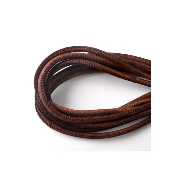 Stitched leather cord, round, rustic speckled brown, 4mm, 20cm.