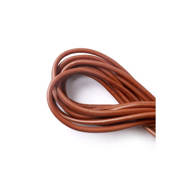 Stitched leather cord, round, cognac brown, 6mm, 20cm.