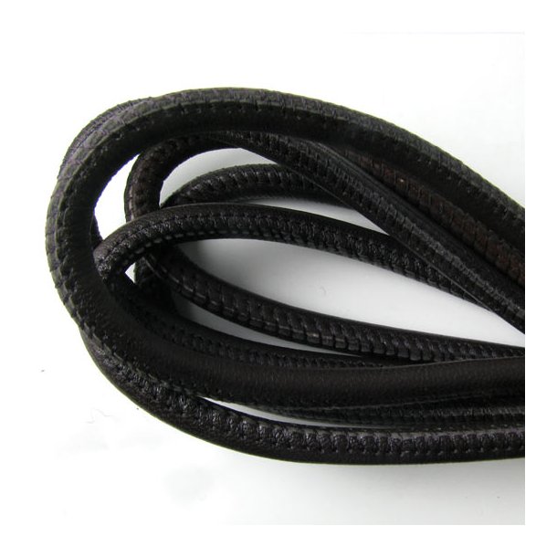 Stitched leather cord, round, black, 5mm, 20cm. more units delivered uncut.