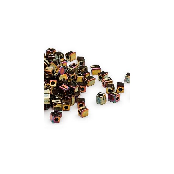 Miyuki, Glas-Rocailles, dunkelgold / Regenbogen-frbig, quadratisch, 3,5 mm, 250 Stk.