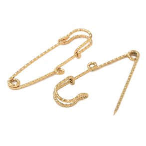 Safety pin with eye and faceting, gold-plated steel, 50 mm long, 2 pcs.