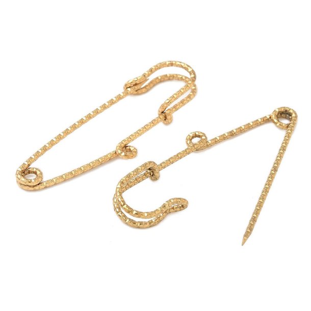 Safety pin with eye and faceting, gold-plated steel, 50 mm long, 2 pcs.