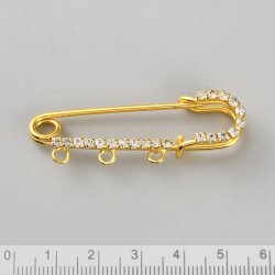 Safety pin with 3 loops and rhinestones, gold-coloured, 51 mm long, 1 pc