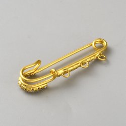 Safety pin with 3 loops and rhinestones, gold-coloured, 51 mm long, 1 pc