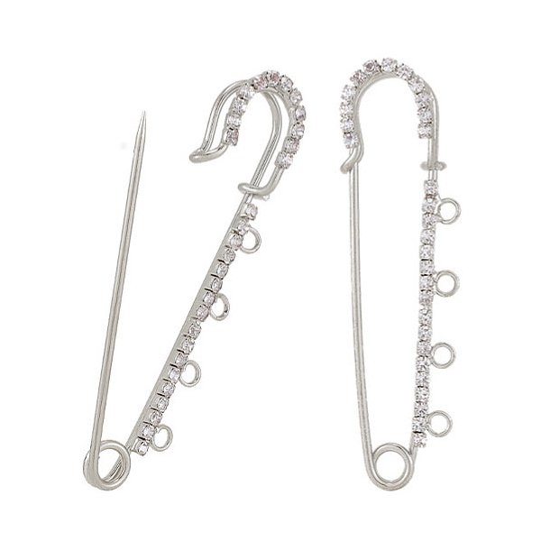 Sicherheitsnadel mit 4 �sen und Strasssteinen, platiniert, 71 mm lang, 1 Stck