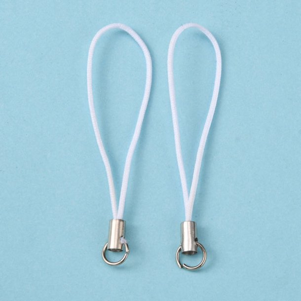 Cell phone strap, white nylon string with small split ring, 1pc.