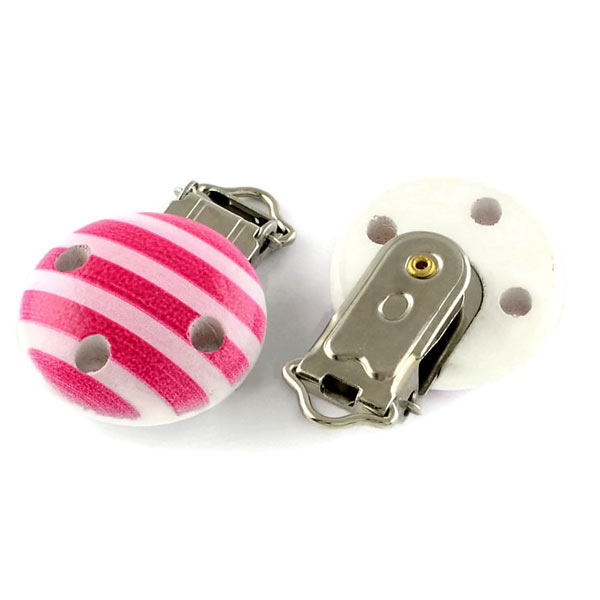 Klemme für Schnullerkette, pink gestreift, Holz und Metall, 30 mm, 2 Stk.