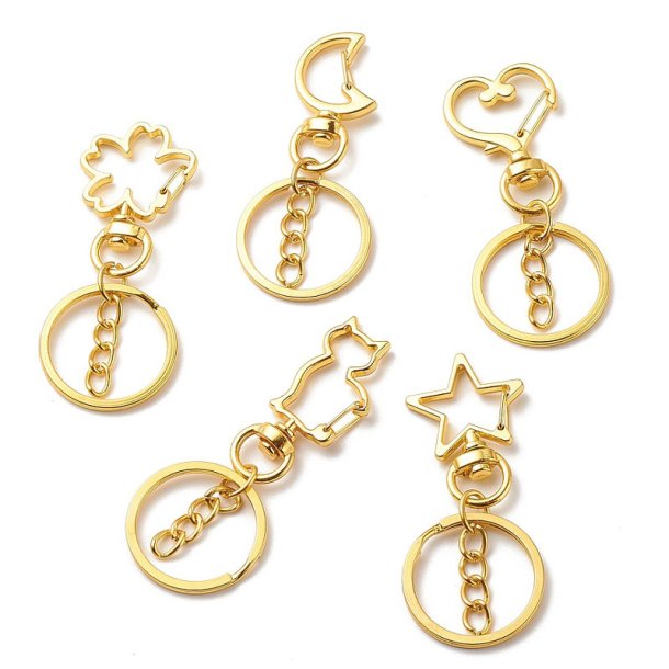 Keyring with different motif carabiner and swivel loop, gold-plated brass, 4 pcs