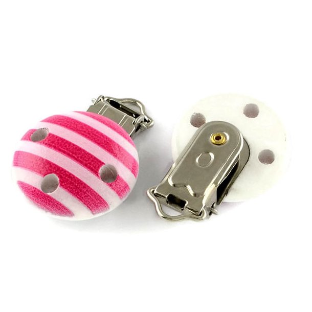 Fastener clip for baby pacifier strap and the like, pink striped wood, 30mm, 2pcs