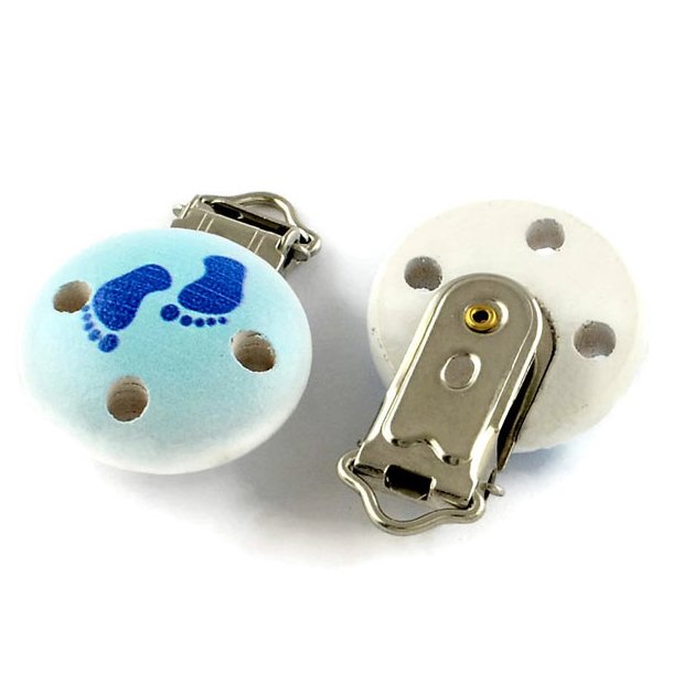 Fastener clip for baby pacifier strap and the like, blue painted wood, 30mm, 2pcs