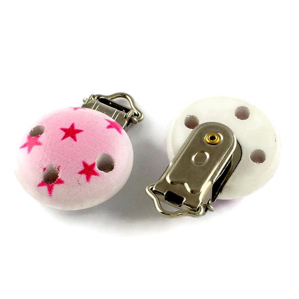 Fastener clip for baby pacifier strap, pink stars on painted wood, 30mm, 2pcs