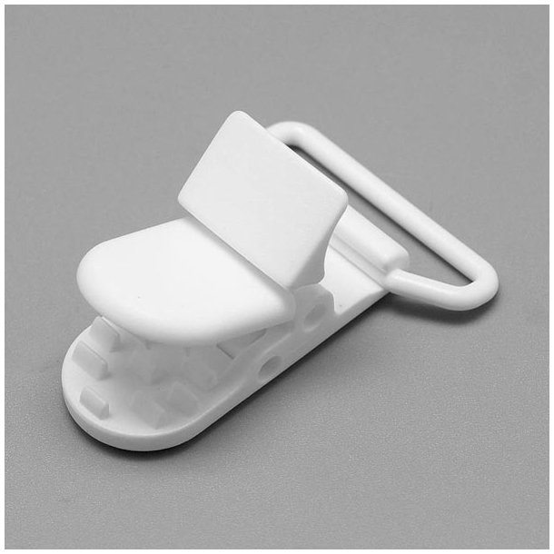 Fastener clip for straps, white plastic, 36x9mm, jumpring 4x26mm, 2pcs