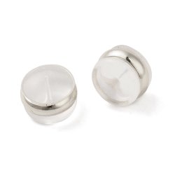 Sturdy, soft locking caps for ear studs, clear silicone, with a 7 mm silvery ring, pack of 6